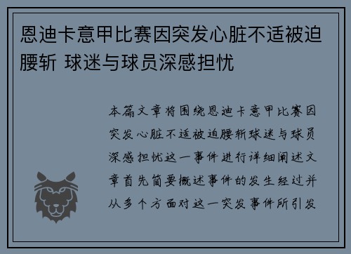 恩迪卡意甲比赛因突发心脏不适被迫腰斩 球迷与球员深感担忧