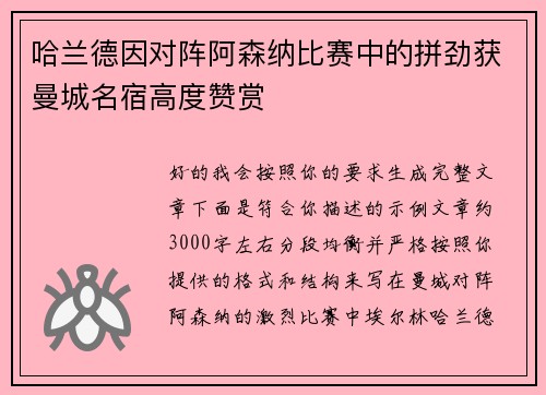 哈兰德因对阵阿森纳比赛中的拼劲获曼城名宿高度赞赏